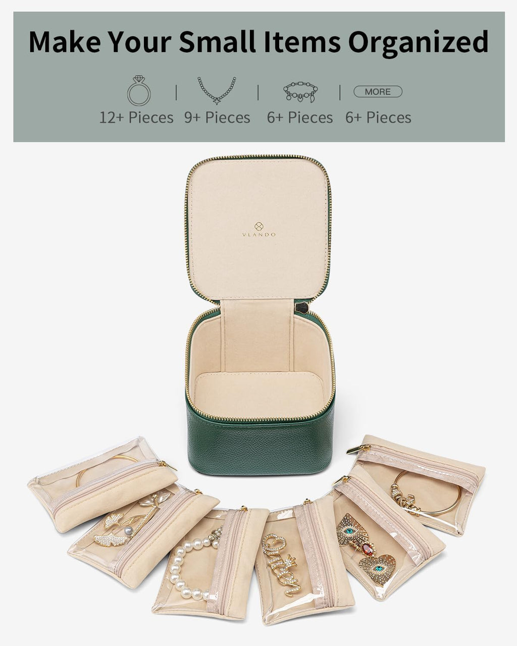 Vlando Gifts for Teachers,Travel Jewelry Box with 6 Velvet Jewelry Zipper Pockets Jewelry Case Premium Petal Hardware Travel Jewelry Organizer Graduation Gifts (Green)