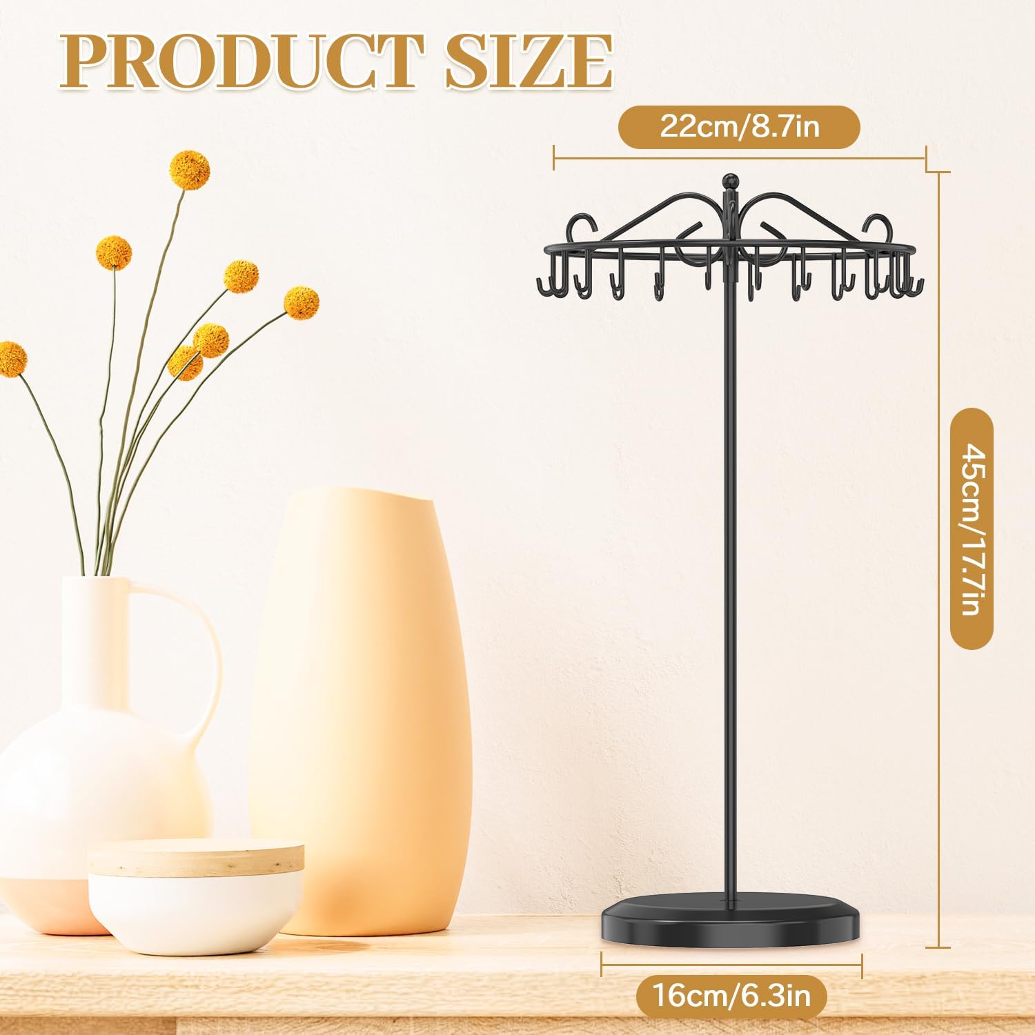 MODOWEY Rotating Necklace Holder Organizer Display Stand with 24 Hooks, Metal Spinning Tree for Long Necklace Hanger Selling, Tall Spinning Bracelet Storage Rack for Men Women Dresser, Black