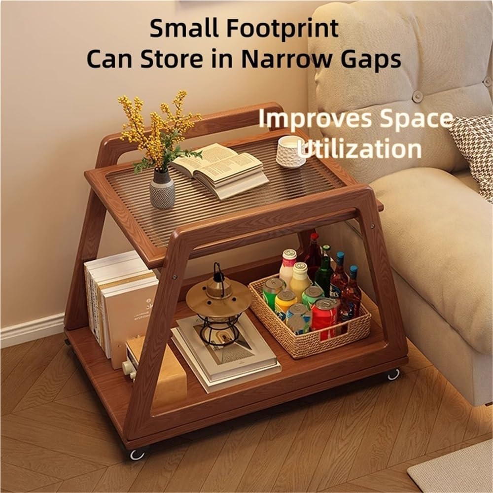 Movable Sofa Side Table with Glass, 2 Tier End Table with Wheels, Small Table...