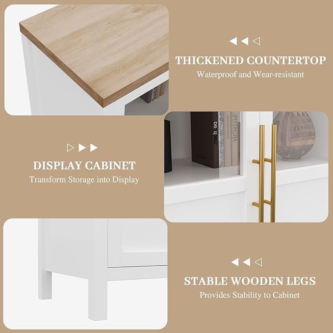 GarveeHome Sideboard Buffet Cabinet with 4 Glass Doors, 55" Buffet Table Coffee Bar Wine Bar Display Cabinet for Kitchen Dining Room, Living Room (White, Glass with 4 Doors)