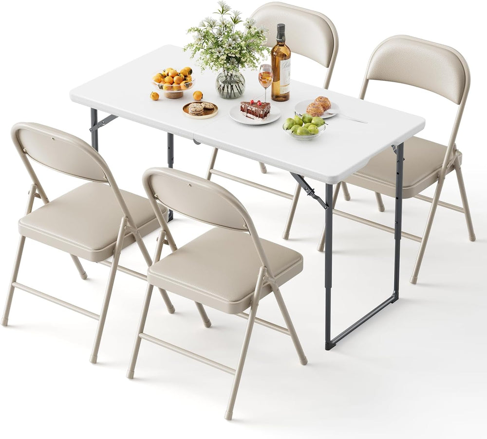 Folding Table and Chairs, 4ft Folding Table with Adjustable Height& PU Le...