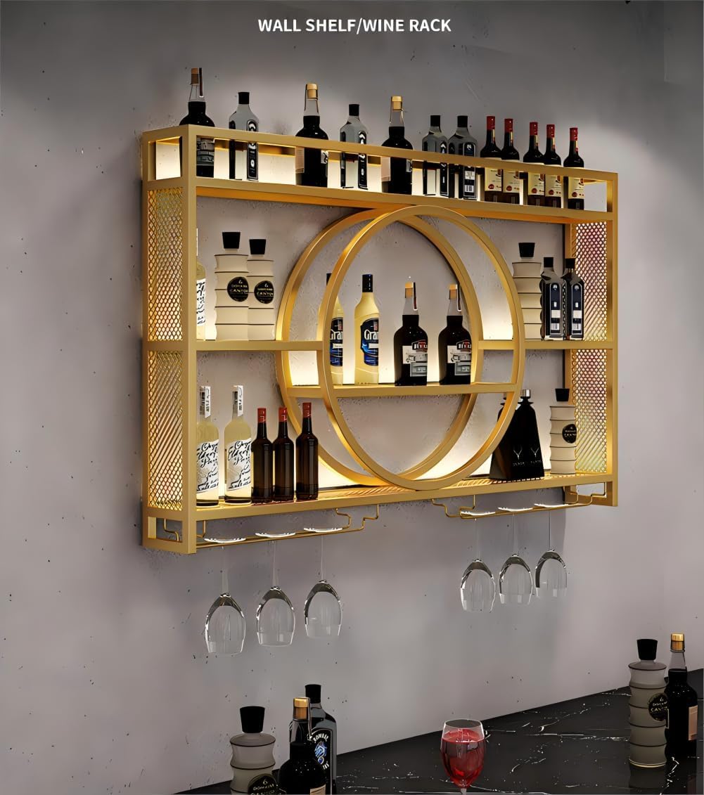 Wall Mounted Wine Rack with Light,3-Tier Metal Wine Bottle Shelf with Wine Glass Holder, Modern Bar Shelves Bar Liquor Bottle Display Shelf Multifunctional Wine Storage Rack for Home Bar (Black, 140)