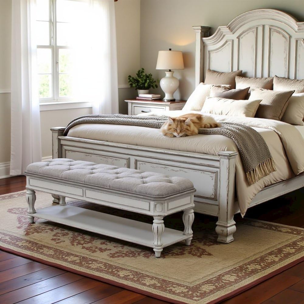 Starlight Canyon Home Antique White Bedroom Bench with Storage Shelf, Upholst...