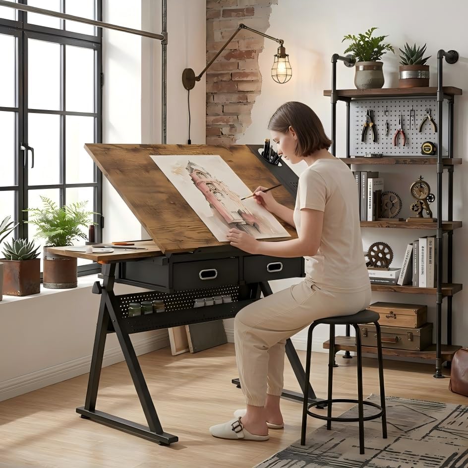 Adjustable Drawing Table with 2 Drawers & Stool, for Art & Work