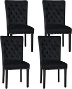 Velvet Dining Kitchen Chair Set of 4, Parsons Upholstered Dining Room Chair, Wood Accent Chair with Nailed Trim, Black