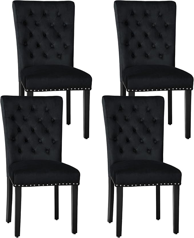 Velvet Dining Kitchen Chair Set of 4, Parsons Upholstered Dining Room Chair, Wood Accent Chair with Nailed Trim, Black