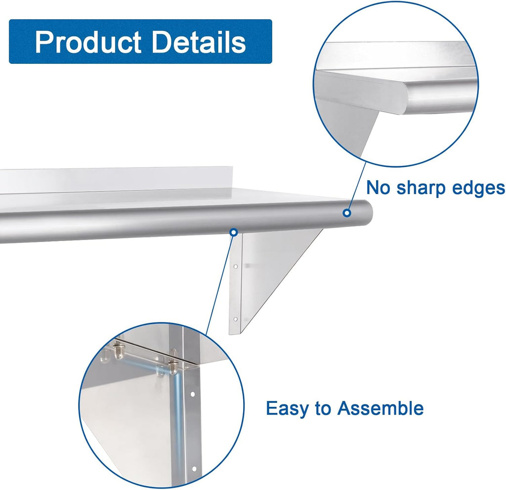 HARDURA Stainless Steel Shelf 18" x 72", 480lb Commercial Shelves Wall Mount Metal Shelving with Backsplash and Brackets for Kitchen, Restaurant, Laundry Room and Home
