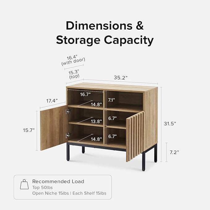 mopio Norwin Storage Cabinet, Sturdy Modern Rustic Industrial Buffet Sideboard, Fluted Accent Storage Cabinets, Credenza, Oak Wood TV Stand, Entertainment Center, Media Console, Living Room (Double)