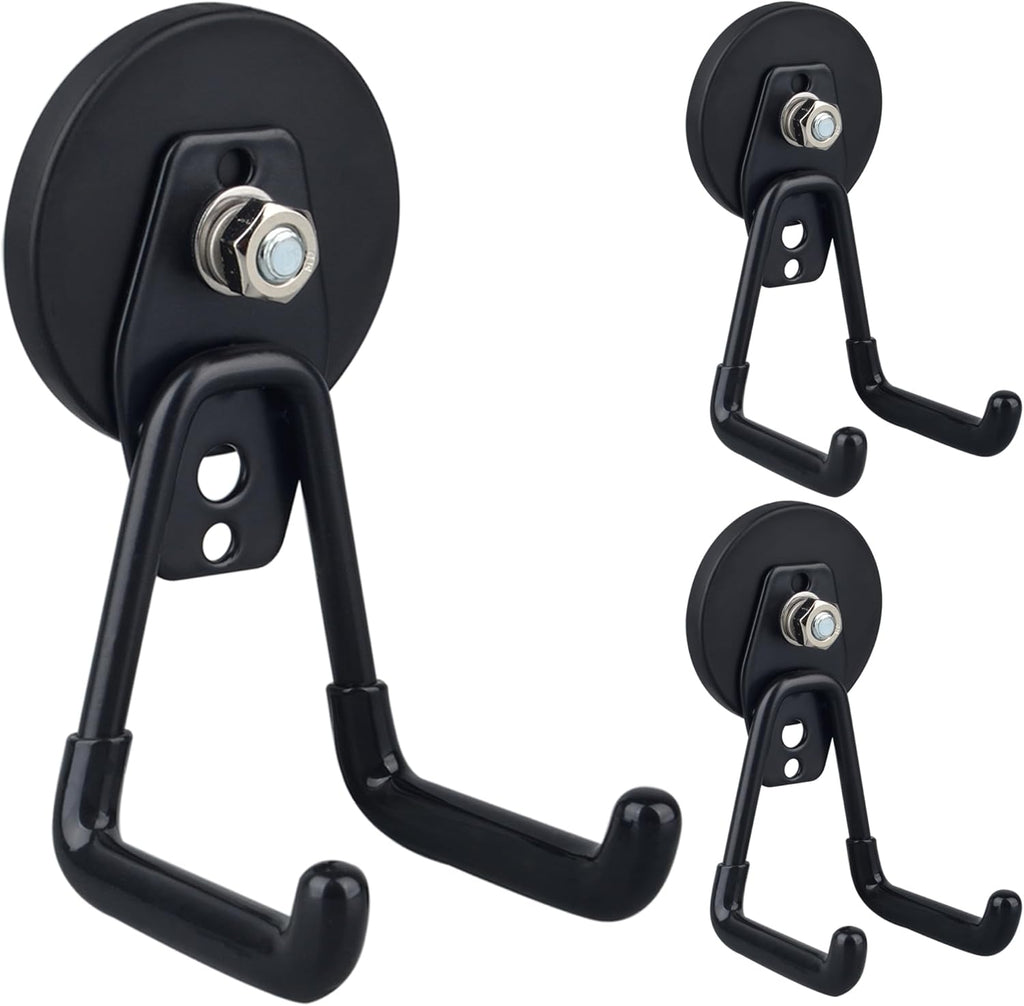ULIBERMAGNET Heavy Duty Magnetic Garage Hooks,3 Pack Strong Large Magnet Hooks for Power Drill,Garden Tools,Hose,Pegboard,Garage, Workshop,Magnetic Storage Hook for Indoor Outdoor Hanging(Black)