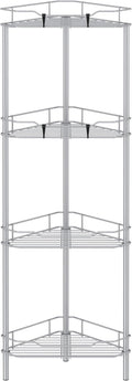 4 Tier Floor Standing Corner Shower Caddy Organizer Shelf with Hooks, Bathroom Shelves Stand Rack, Silver