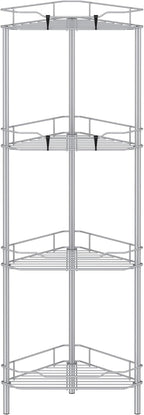 4 Tier Floor Standing Corner Shower Caddy Organizer Shelf with Hooks, Bathroom Shelves Stand Rack, Silver
