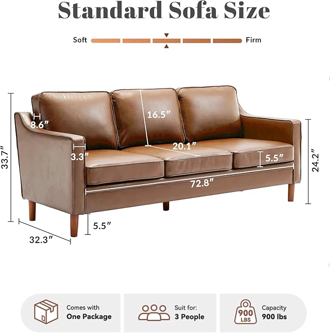 Kingfun 80" Faux Leather Sofa, 3 Seater Couch, Mid Century Modern Couches with Solid Wood Legs for Living Room & Bedroom, Brown