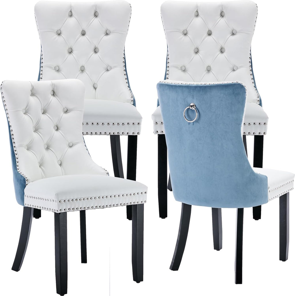 OVENTA Modern Tufted Upholstered Dining Chairs Set of 4, White Blue Velvet and Leather Dining Chair with Solid Wood Legs, Sillas de Comedor, Kitchen Chairs (White Blue, Velvet and Leather Set of 4)