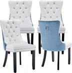 OVENTA Modern Tufted Upholstered Dining Chairs Set of 4, White Blue Velvet and Leather Dining Chair with Solid Wood Legs, Sillas de Comedor, Kitchen Chairs (White Blue, Velvet and Leather Set of 4)