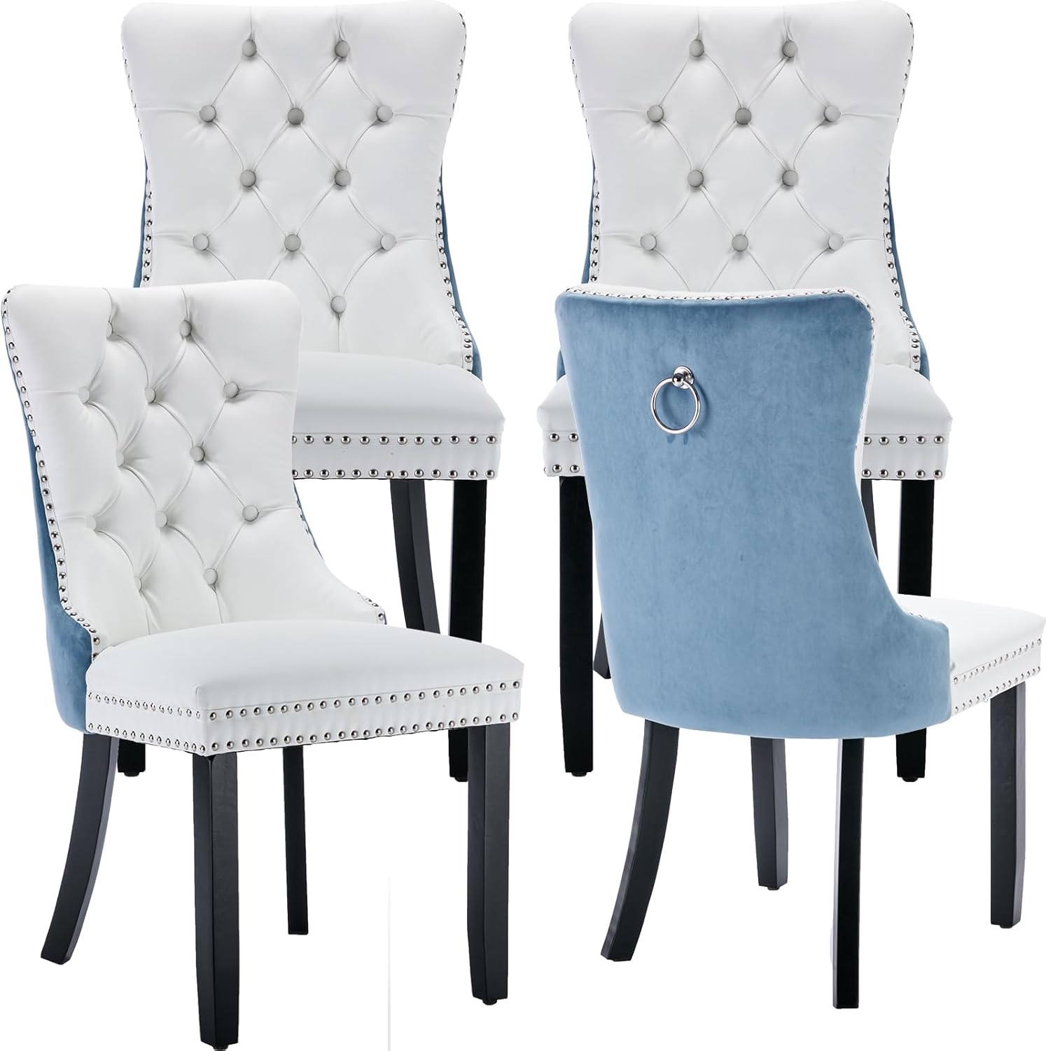 OVENTA Modern Tufted Upholstered Dining Chairs Set of 4, White Blue Velvet and Leather Dining Chair with Solid Wood Legs, Sillas de Comedor, Kitchen Chairs (White Blue, Velvet and Leather Set of 4)