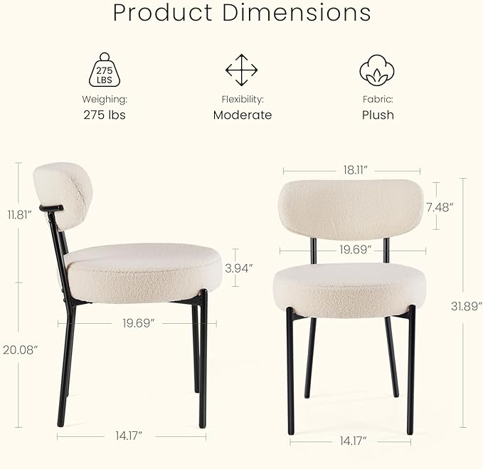 DUMOS Dining Chairs Set of 2, Mid Century Modern Chair Round Upholstered Curved Backrest, Kitchen Vanity Living Room Chairs with Black Metal Legs，Ivory White