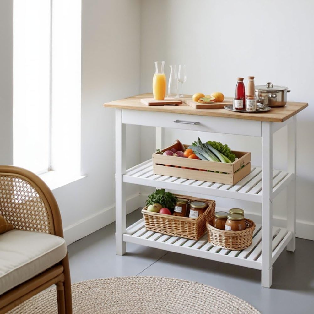 Furnifact Solid Wood Kitchen Island with Drawer, 2 Open Shelves, White Base and Natural Top, Island Table for Kitchen Storage and Food Prep