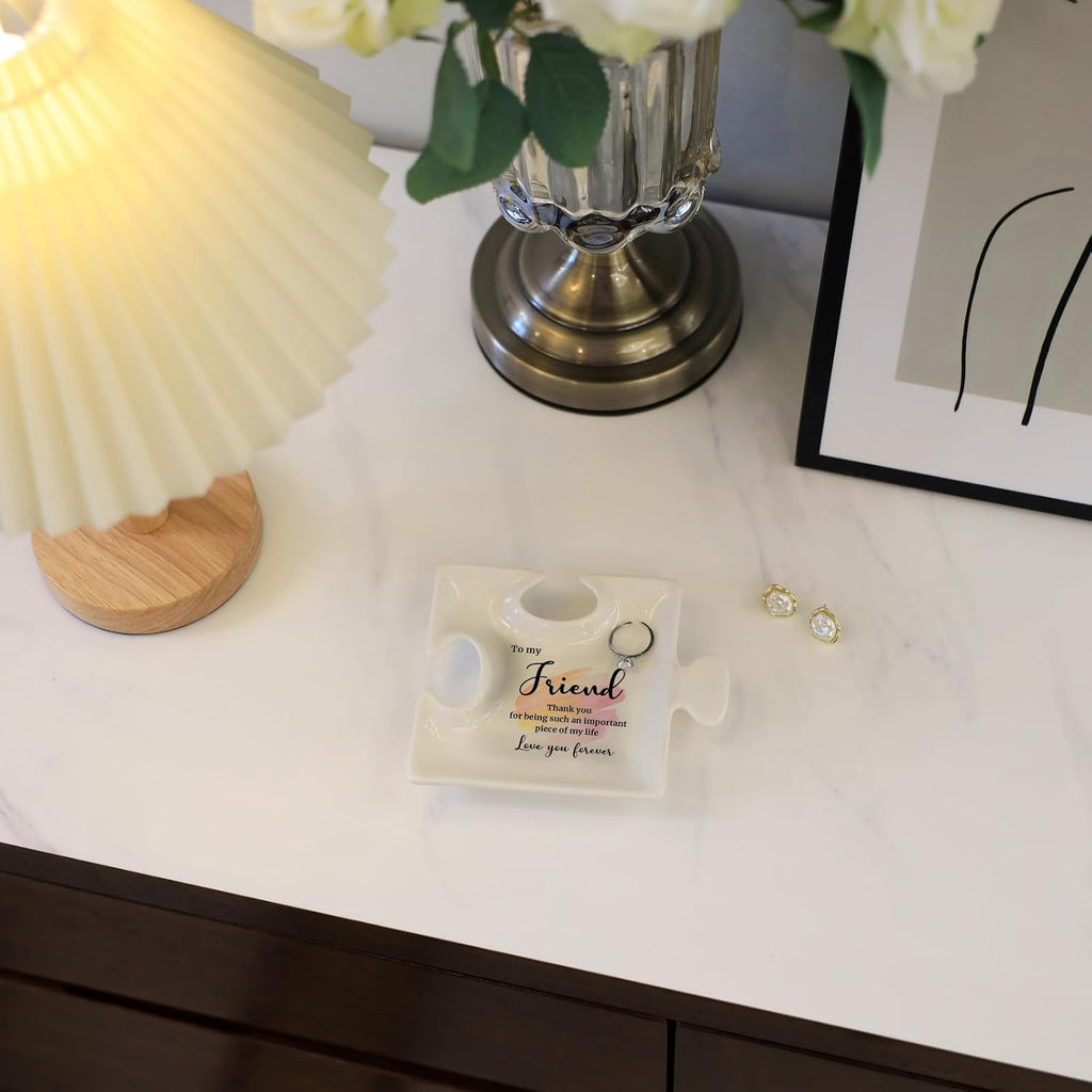 White Ceramic Puzzle Jewelry Tray - Ideal Personalized Gift for Friend on Birthday, Christmas - Thank You for Being Such an Important Piece of My Life Jewelry Organizer for Rings