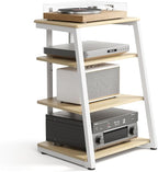 FITUEYES Design 4-Tier AV Media Stand Corner Shelf Stand Wooden Corner Shelves Component Cabinet Stereo Rack Audio Tower with Height Adjustable Wooden Shelves for ps4 (White Oak)