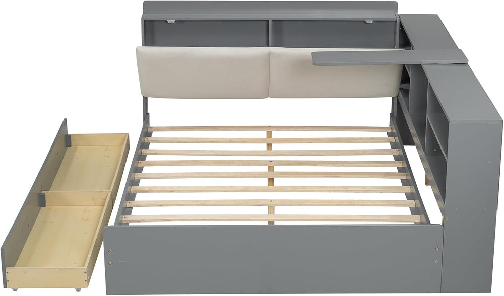 Peanu Full Bed Frame, Storage Headboard, Gray Upholstered Wood