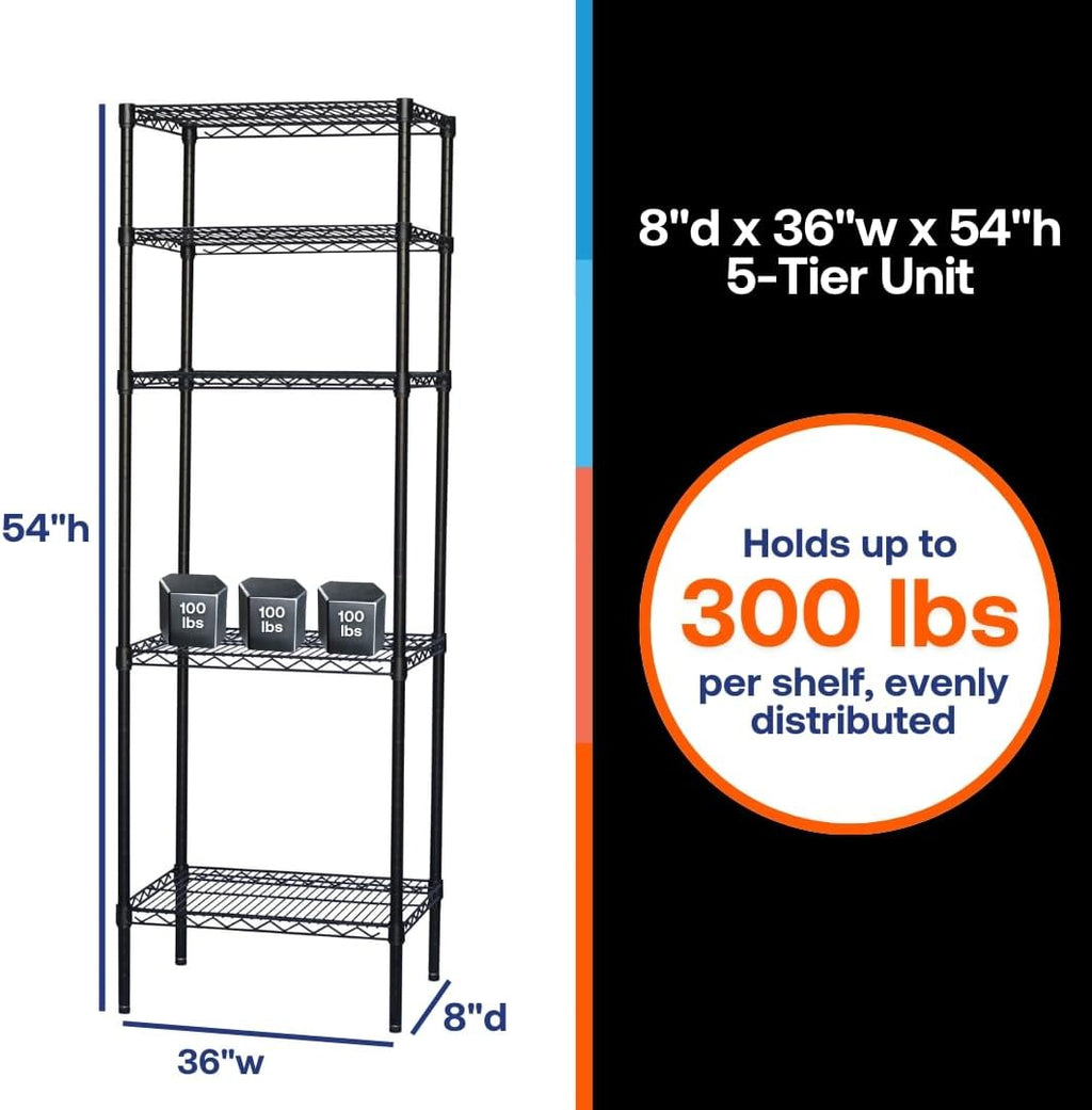 Shelving Inc. 8" d x 36" w x 54" h Black Wire Shelving with 5 Tier Shelves, Weight Capacity 300lbs Per Shelf