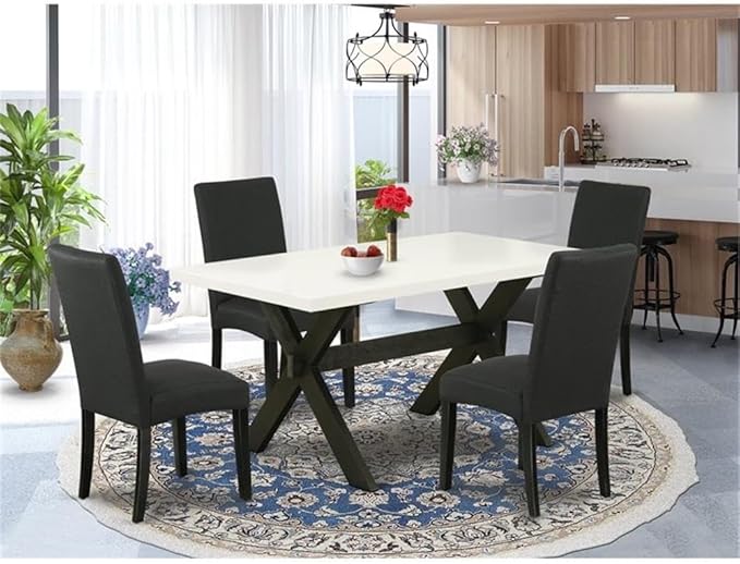 East West Furniture X626DR124-5 5 Piece Dining Room Furniture Set Includes a Rectangle Dining Table with X-Legs and 4 Black Color Linen Fabric Upholstered Chairs, 36x60 Inch, Multi-Color