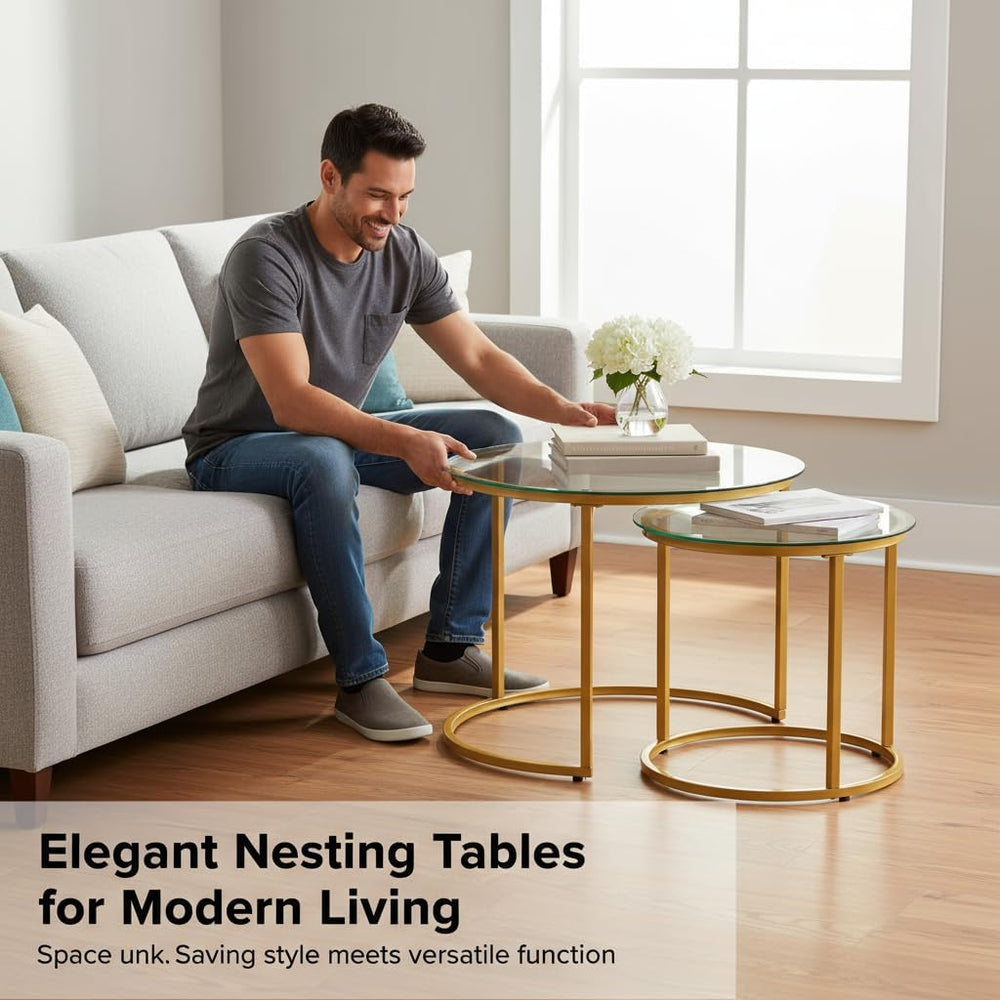 Round Nesting Coffee Table Set of 2, Glass Stacking Minimalist End Table | Mo...