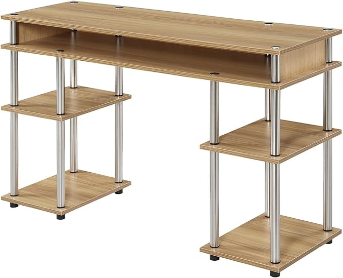 Convenience Concepts Designs2Go No Tools Desk Home Office Desk with Shelves, Corner Shelf Vanity Desk Computer Desk Nail Table for Nail Tech - 47.25" L x 15.75" W x 30" H, Light Oak