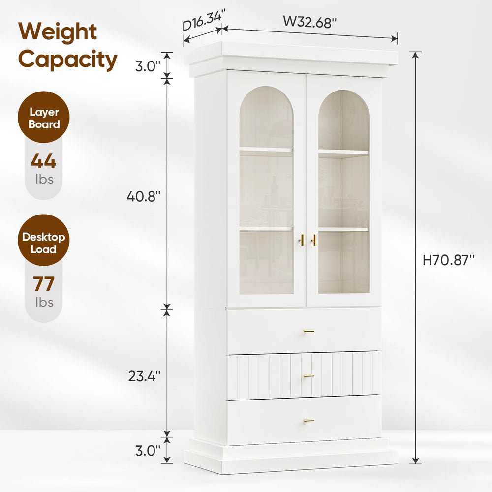 Vyre 71" Arched Kitchen Cabinet, Double Glass Door Display and Storage C...