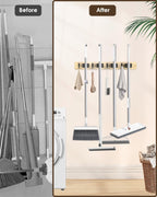Broom Holder Wall Mounted, Light Wood 4 Holders and 4 Hooks Mop Holder, Wooden Mop and Broom Holder with Anti slip rubber, Natural pine wood Brush Holder, Mop Wall Holde with Nail installation