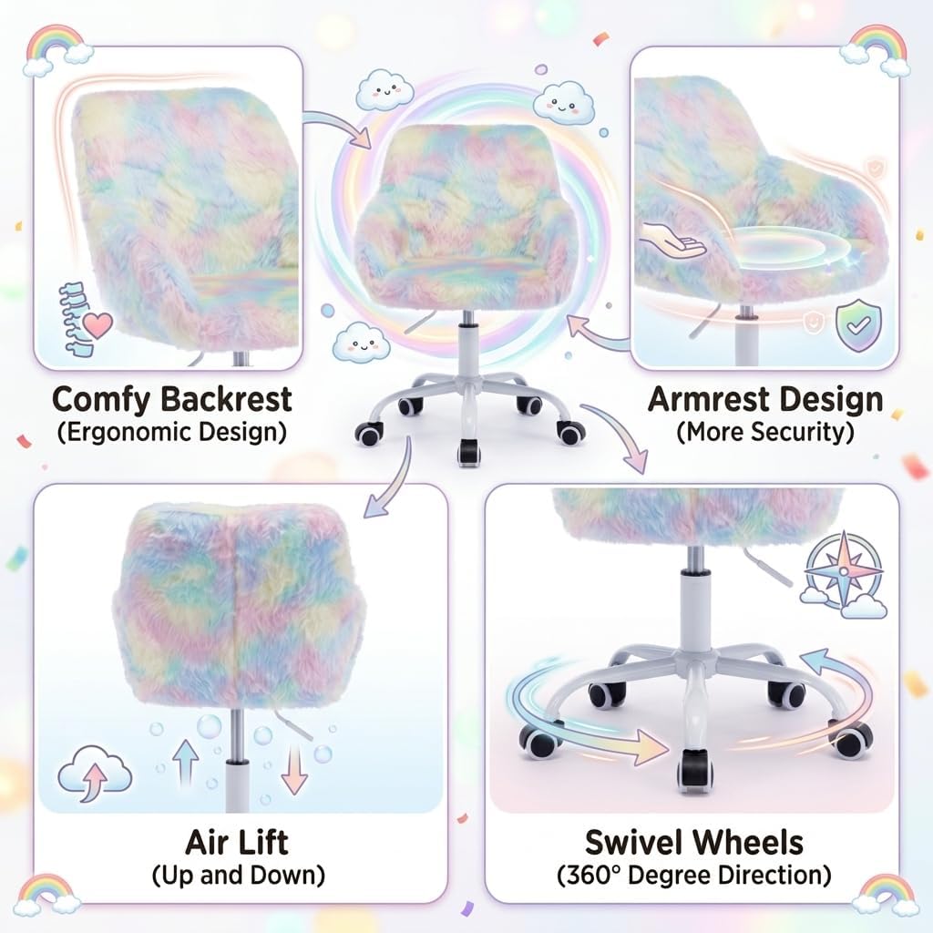 HEAH-YO Swivel Kids Chair with Wheels, Adjustable Kid Desk Chair with Arms, Cute Faux Fur Kids Study Chairs for Boys and Girls, Rainbow Color