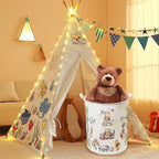 Oval Cute Bear Nursery Storage Basket With A Waterproof PE Coating, Foldable Large Canvas Laundry Hamper, Barrel Shaped Decorative Storage Baskets Suitable For Bathroom and Bedroom (White)