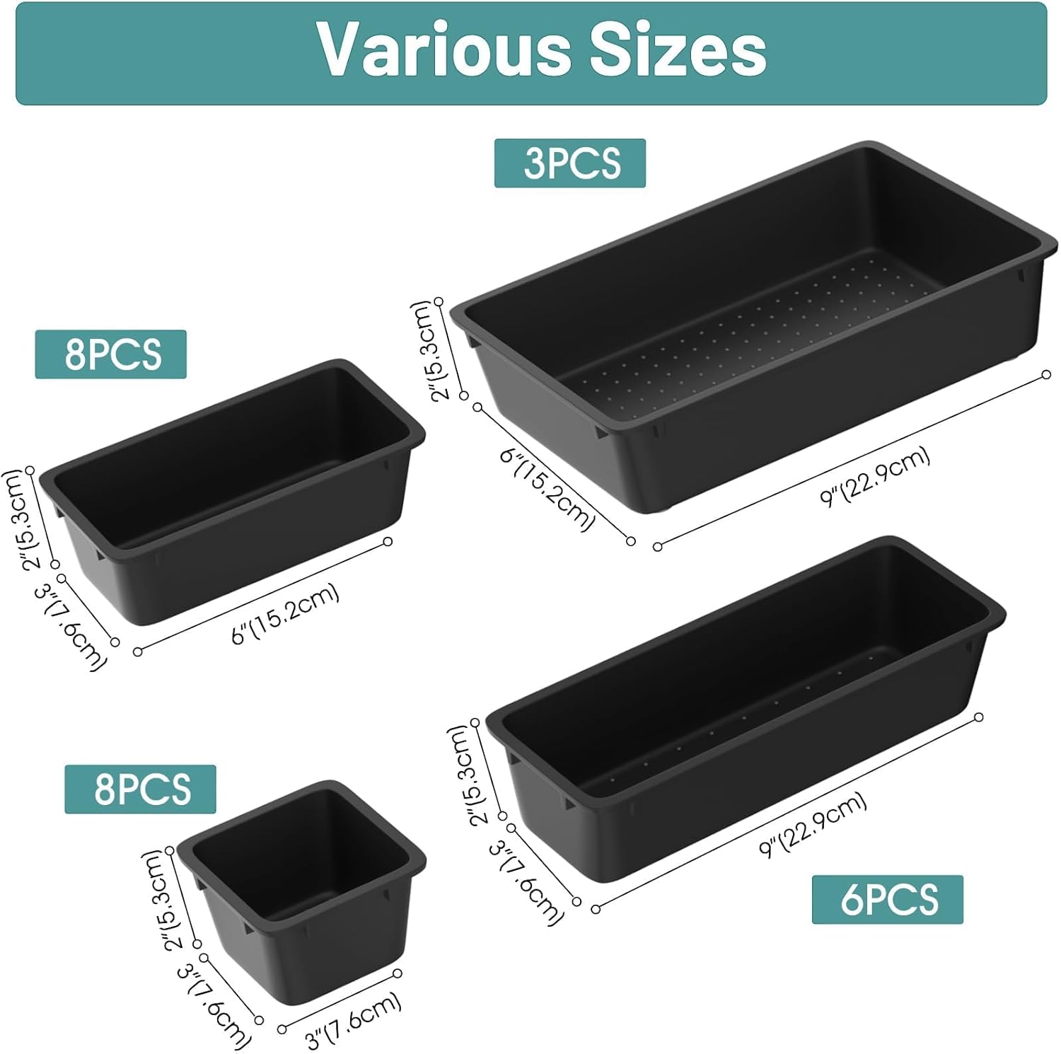 WOWBOX 25 PCS Plastic Drawer Organizer Set, Desk Drawer Divider Organizers and Storage Bins for Makeup, Jewelry, Gadgets for Kitchen, Bedroom, Bathroom, Office, Deep Black
