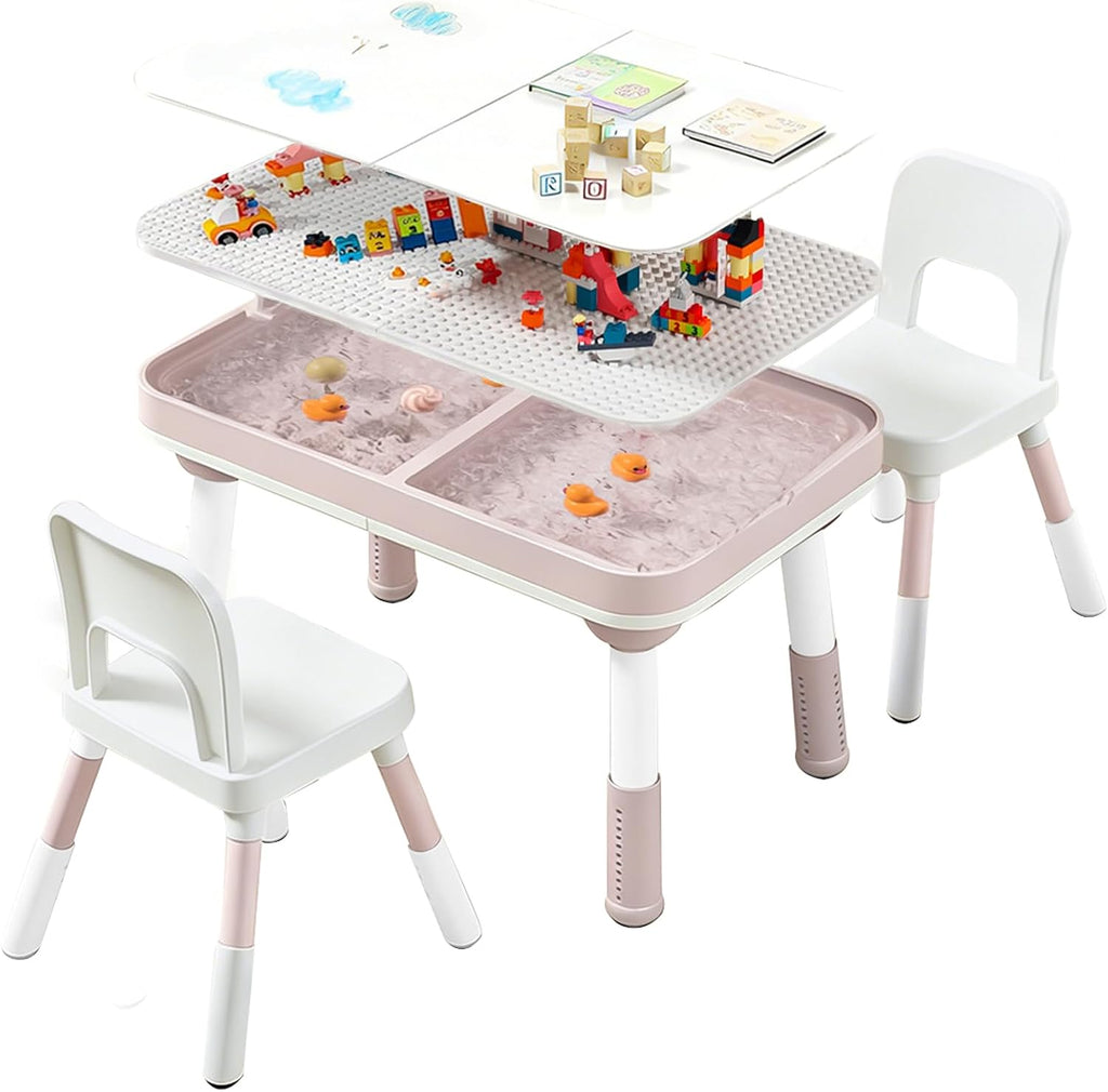 Kids Table and Chair Set with Storage, 5 in 1 Height Adjustable Toddler Table and 2 Chair Set, Toddler Kids Activity Table for Building Blocks/Drawing/Reading/Dining/Sand and Water Play (Pink)