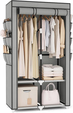 VTRIN Portable Closet Wardrobe for Hanging Clothes with 4 Storage Shelves, 2 Hanging Rods and 6 Pockets, Stable and Easy Assembly Clothes Rack with Cover Free Standing Closet for Bedroom, Grey