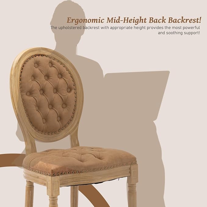 French Country Dining Chairs Set of 6,Farmhouse Upholstered Dining Room Chairs with Tufted Round Back&Solid Leg,PU Leather Kitchen Side Chairs for Kitchen/Bedroom/Dining Room,Tan