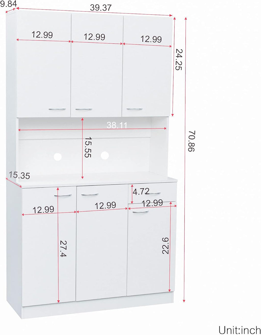 71" Kitchen Pantry Cabinet with Drawer, Farmhouse Tall Storage Cabinet with 6 Doors and Shelves, Rustic Freestanding Cupboard with Storage Rack for Kitchen, Dining Room (White)