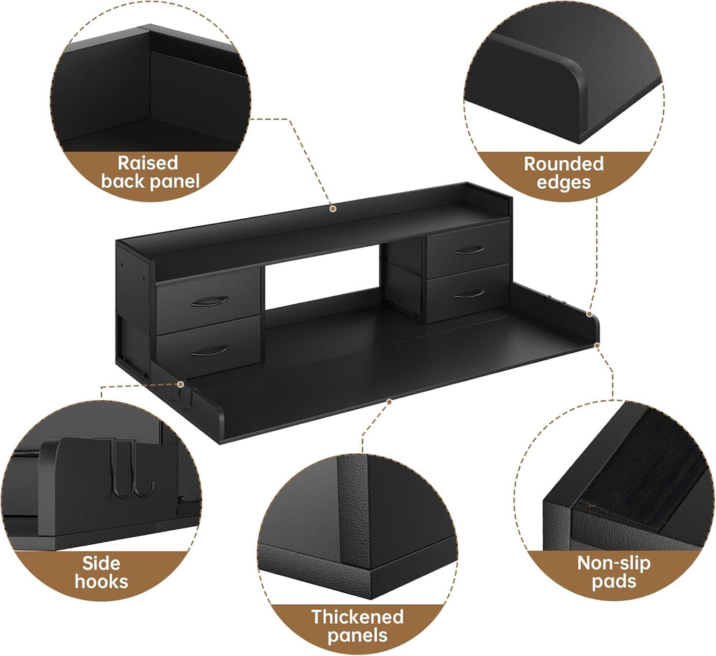 4 Drawers Washer Dryer Countertop with Shelf, 27.5" D x 54" W Laundry Topper with 3.54" High Guardrails and Non-Slip Pads,Extra Storage Organizer for Over Washer and Dryer, Holds 66 Lbs, Black