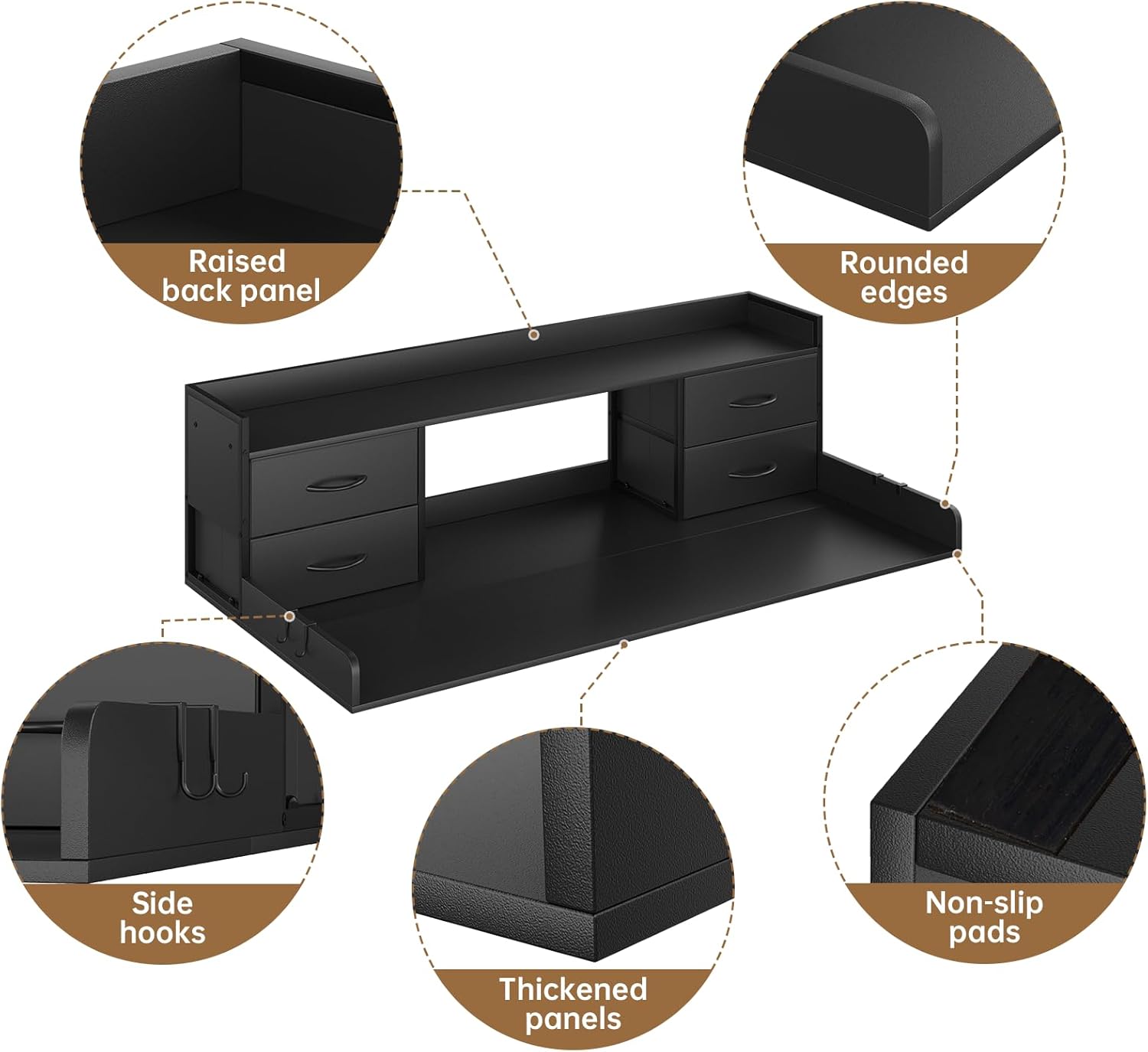 4 Drawers Washer Dryer Countertop with Shelf, 27.5" D x 54" W Laundry Topper with 3.54" High Guardrails and Non-Slip Pads,Extra Storage Organizer for Over Washer and Dryer, Holds 66 Lbs, Black