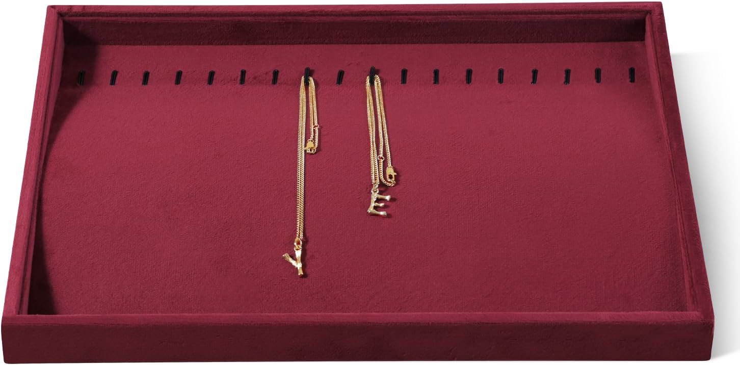 Velvet Jewelry Display Tray For Bracelet Pendant Necklace, Multi-Slot Stackable Storage Tray For Long Chain Jewelries, Drawer Insert Jewelry Organizer (Red)