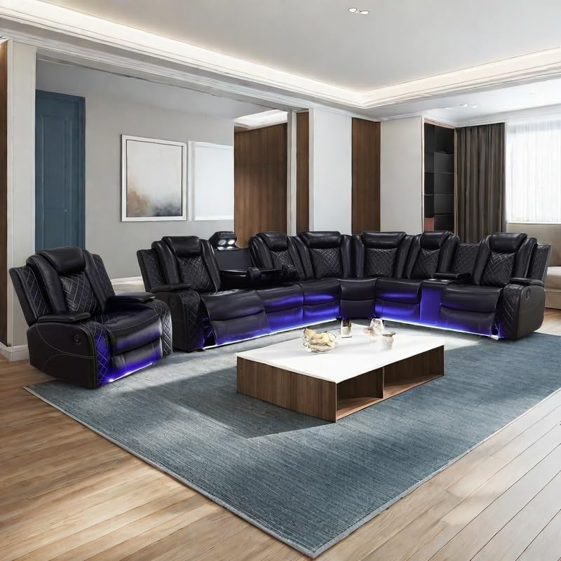 Power Recliner Sofa Sectional Sofa with LED Light for Living Room, Air Leathe...