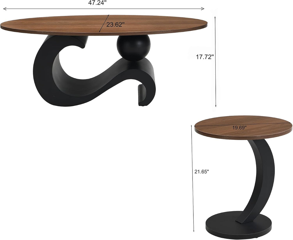 Henf Modern Nesting Coffee Table Set of 2 - Oval Table and Small Round End Ta...