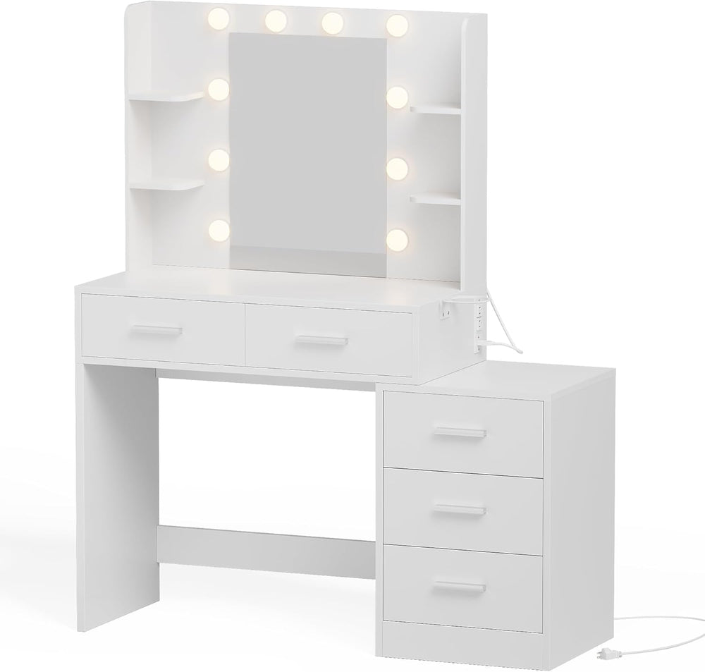 YESHOMY Makeup Vanity Desk with Mirror & Lights, Vanity Table with 5 Draw...