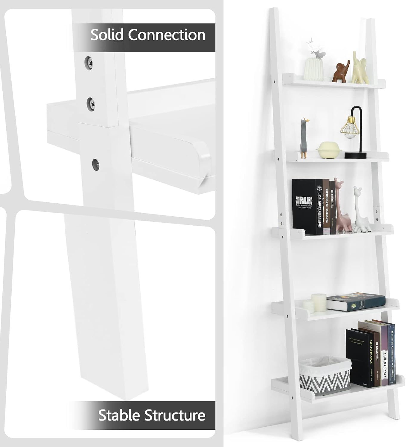 5-Tier Ladder Shelf, Wooden Wall Leaning Bookshelf Rack, Modern Display Storage Bookcase Unit for Home Office Living Room