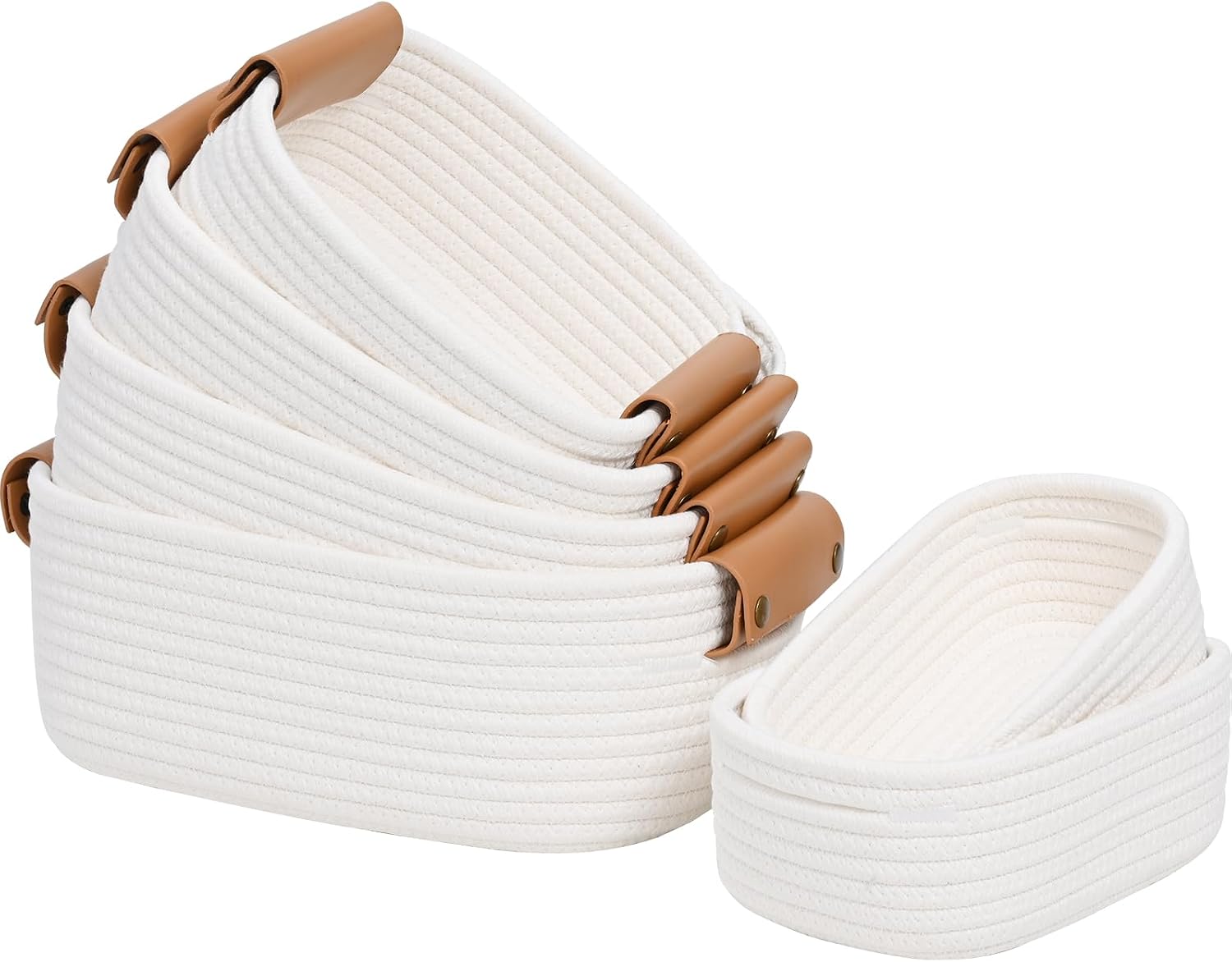 Storage Baskets for Organizing, Small Woven Basket Set of 6-4 Shelf Basket with Leather Handle and 2 Small Gift Baskets, Cotton Rope Basket for Shelves, Nursery, Dog Toy, Bathroom