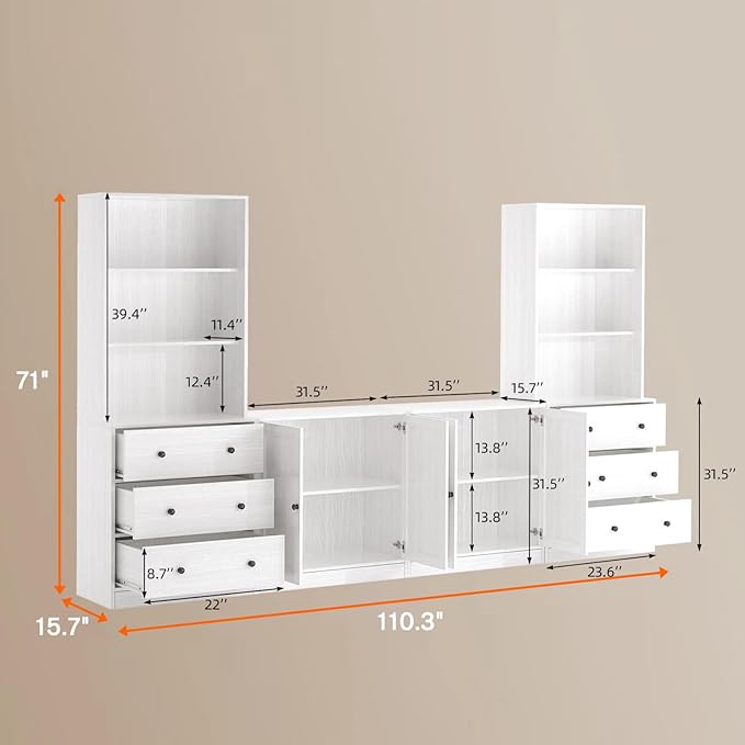 TUSY 71" Large TV Stand Set - TV Entertainment Center for TVs up to 65", Media Center with Tempered Glass Doors and Drawer, TV Hutch with Bookshelves for Living Room (White, BCCB)