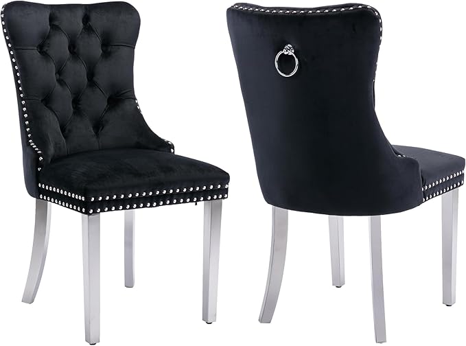 Mid Century Modern Dining Chairs Set of 2, Black Velvet Upholstered Tufted Back, Kitchen & Dining Room Chairs, Brushed Silver Metal Legs, Nailhead Trim, Sillas para Comedor (Black, 2 Pcs)