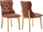 Faux Leather Dining Chairs Set of 2, Upholstered Dining Room Chair with Button Tufted, Solid Wood Legs, Mid Century Modern, Luxury Wingback Side Chair for Living Room, Kitchen, Restaurant, Brown
