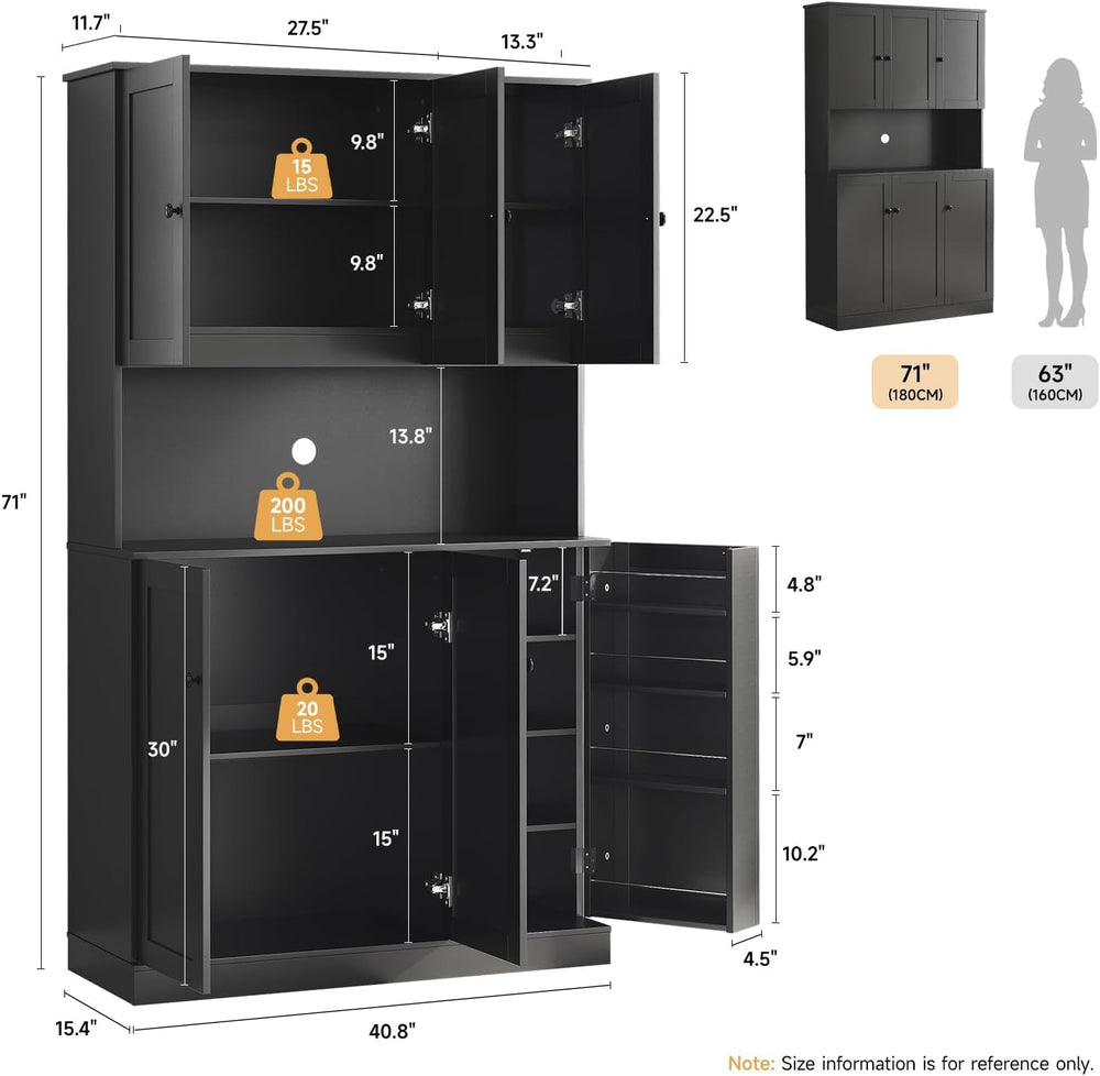 ONBRILL 71" Tall Kitchen Pantry Storage Cabinet, Kitchen Hutch, Black | ...