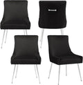 Velvet Dining Chairs Set of 4 with Silver Metal Legs, Modern Upholstered Kitchen Chair with Pull Handle & Pleated Back, Mid Century Accent Chair for Vanity,Dining,Kitchen,Living Room, Black